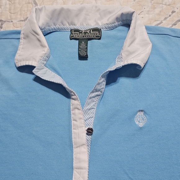 Vintage Lauren Ralph Lauren Active Polo Shirt Women’s 1X Light Blue White Collar - Picture 3 of 13